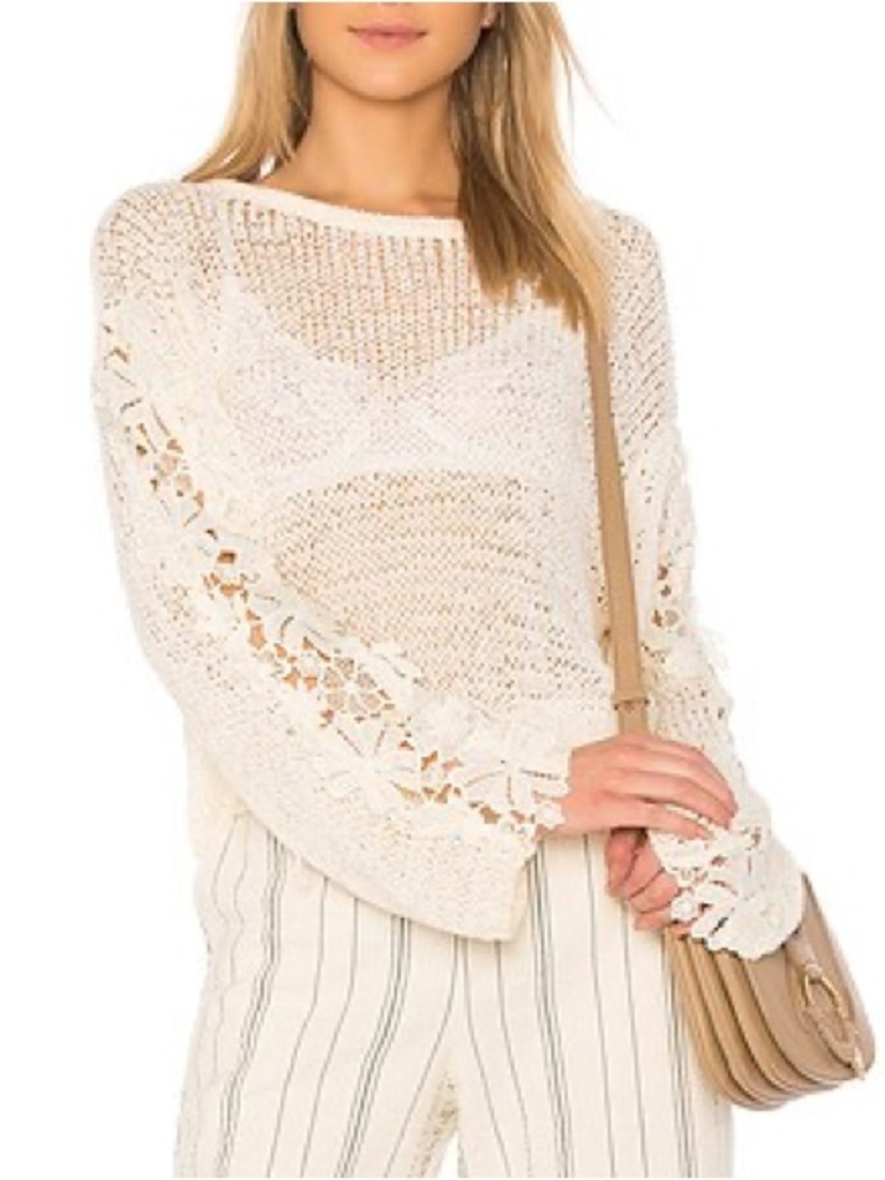 See by Chloe Buttercream Crochet Knit Sweater with Floral Lace Sleeves Size XS